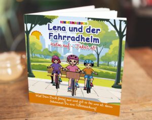 Lena und der Fahrradhelm - Kindermalheft für das Krankenhaus. Das Malheft steht auf dem Tisch